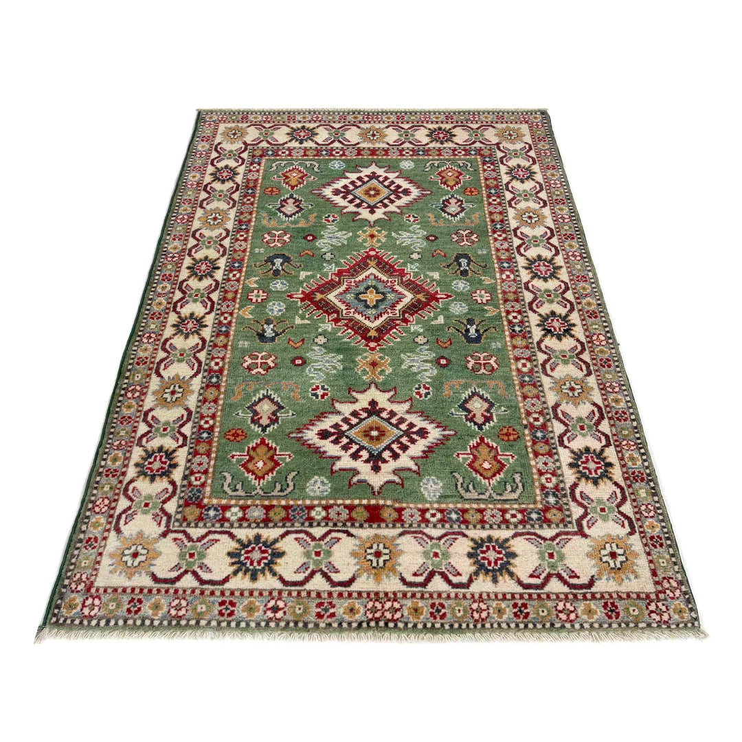 Green Afghan Kazak Rug 3' 3" x 4' 11" Hand-Knotted | No. AL28507