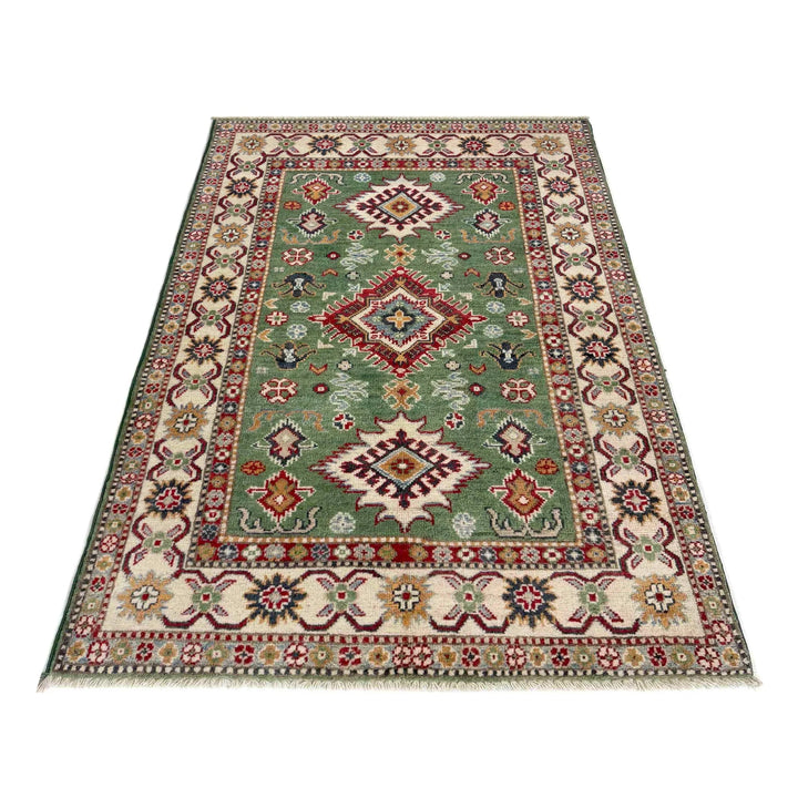 Green Afghan Kazak Rug 3' 3" x 4' 11" Hand-Knotted | No. AL28507
