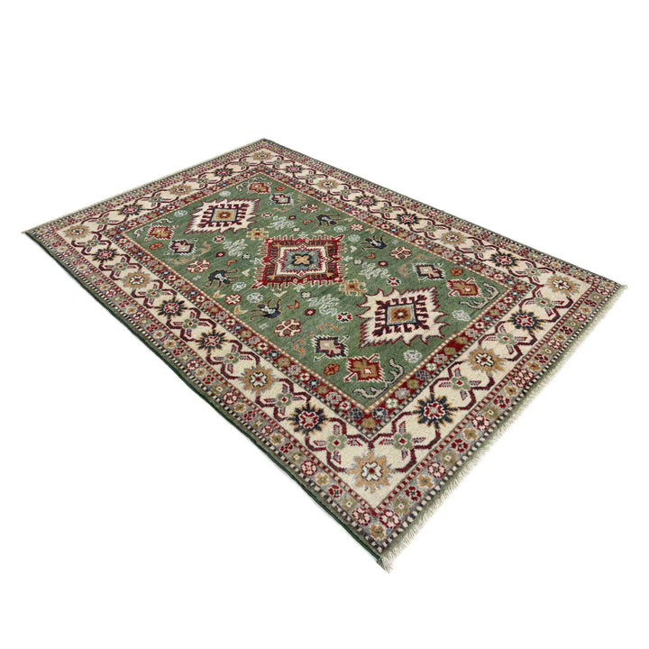 Green Afghan Kazak Rug 3' 3" x 4' 11" Hand-Knotted | No. AL28507
