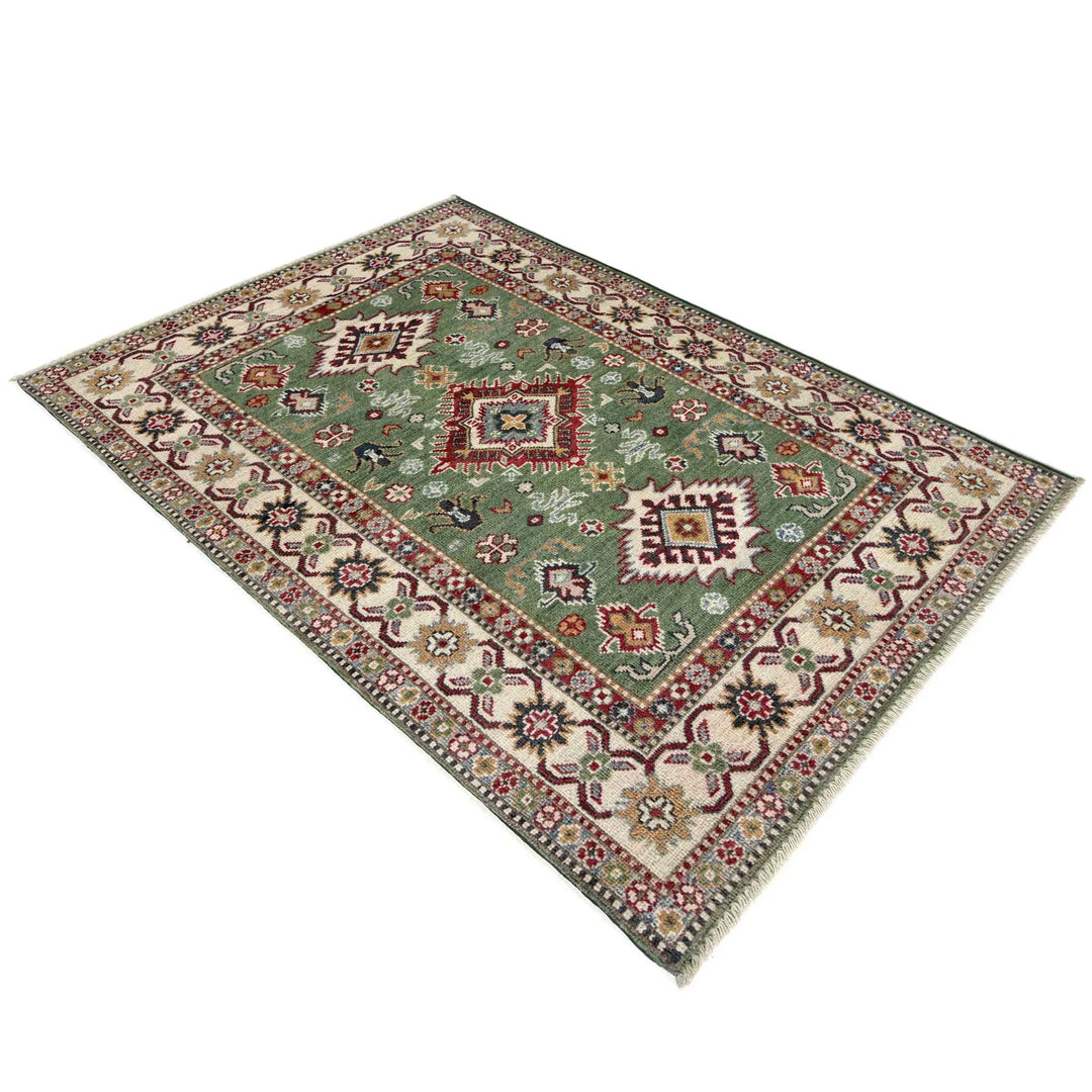 Green Afghan Kazak Rug 3' 3" x 4' 11" Hand-Knotted | No. AL28507