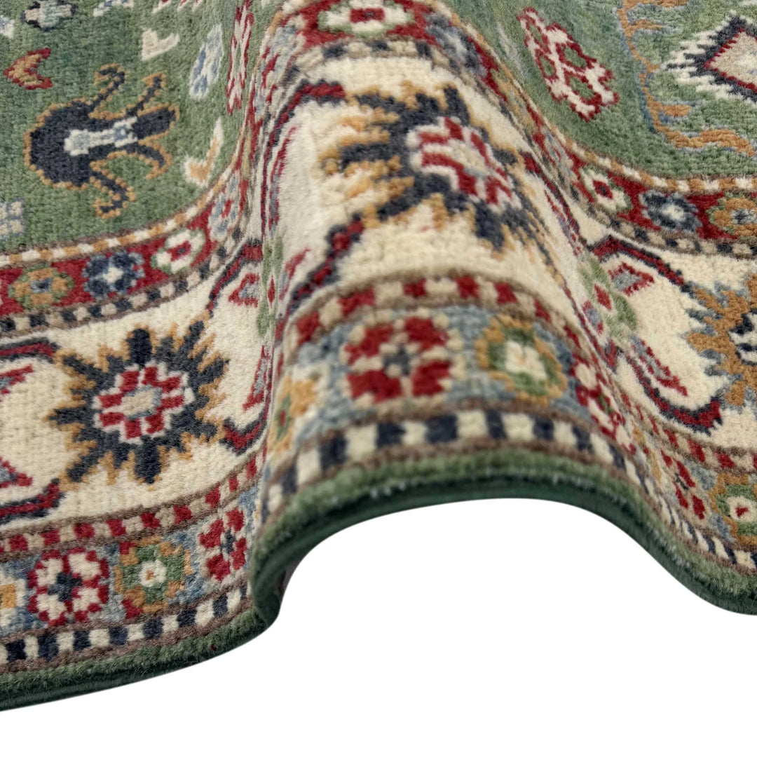 Green Afghan Kazak Rug 3' 3" x 4' 11" Hand-Knotted | No. AL28507