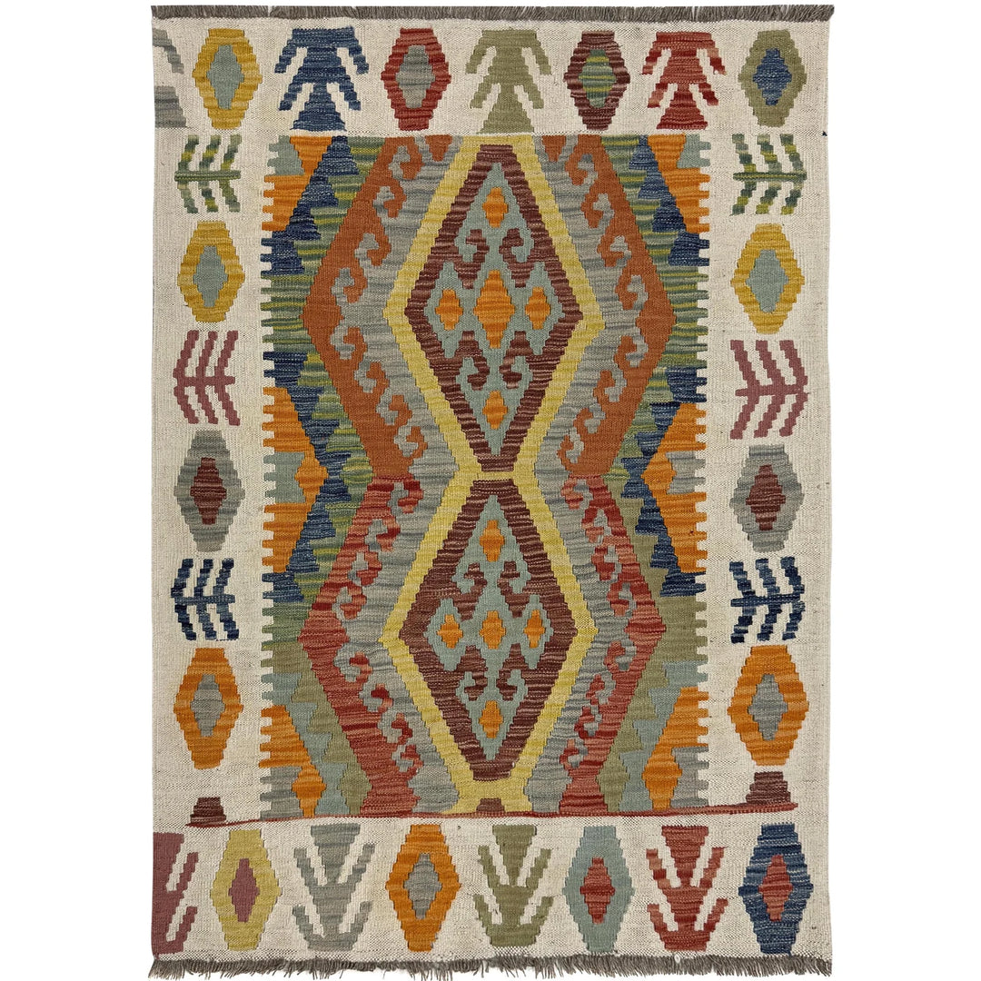 Multicolor Afghan Vegetable Kilim Rug 3' 6" x 4' 9" Flat-Weave | No. AL28538