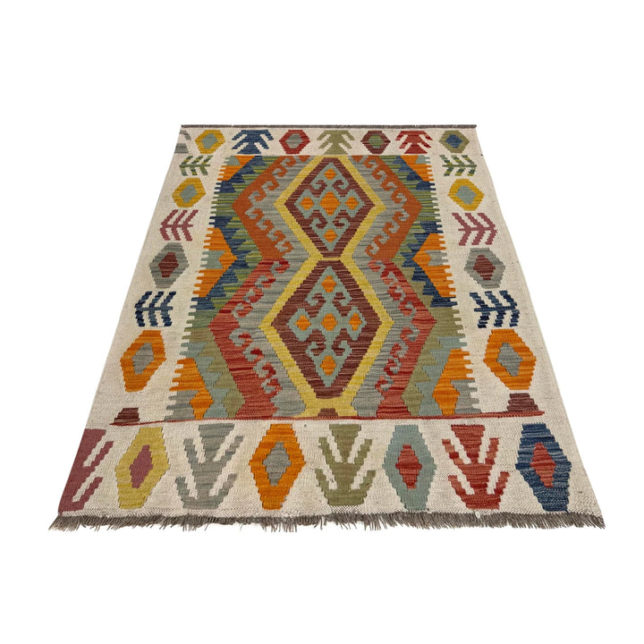 Multicolor Afghan Vegetable Kilim Rug 3' 6" x 4' 9" Flat-Weave | No. AL28538