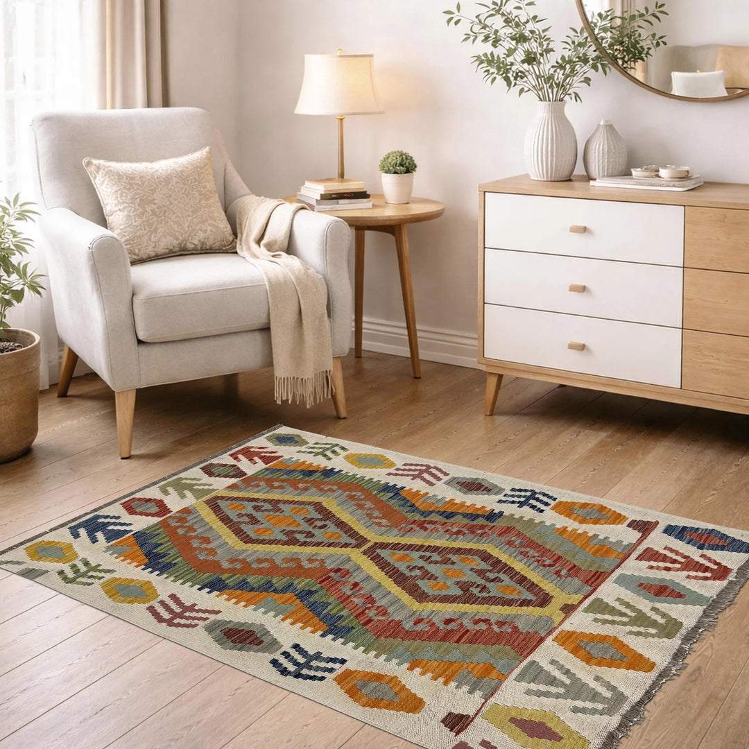 Multicolor Afghan Vegetable Kilim Rug 3' 6" x 4' 9" Flat-Weave | No. AL28538