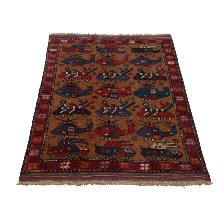 Brown Afghan War Rug 3' 2" x 4' 4" Hand-Knotted | No. AL28575