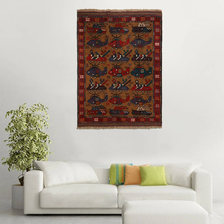 Brown Afghan War Rug 3' 2" x 4' 4" Hand-Knotted | No. AL28575