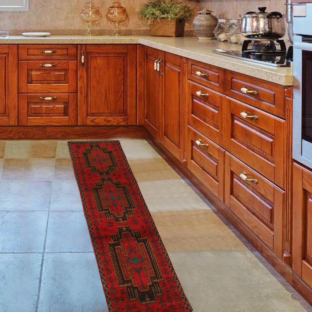 Red Afghan Baluchi Rug 2' 8" x 9' 3" Hand-Knotted | No. AL28747