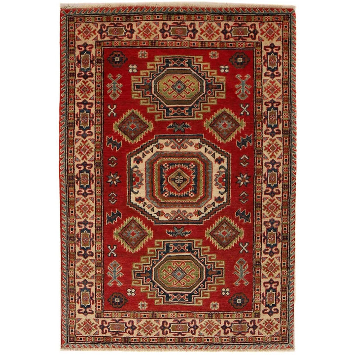 Red Afghan Kazak Rug 3' 3" x 4' 8" Hand-Knotted | No. AL28799