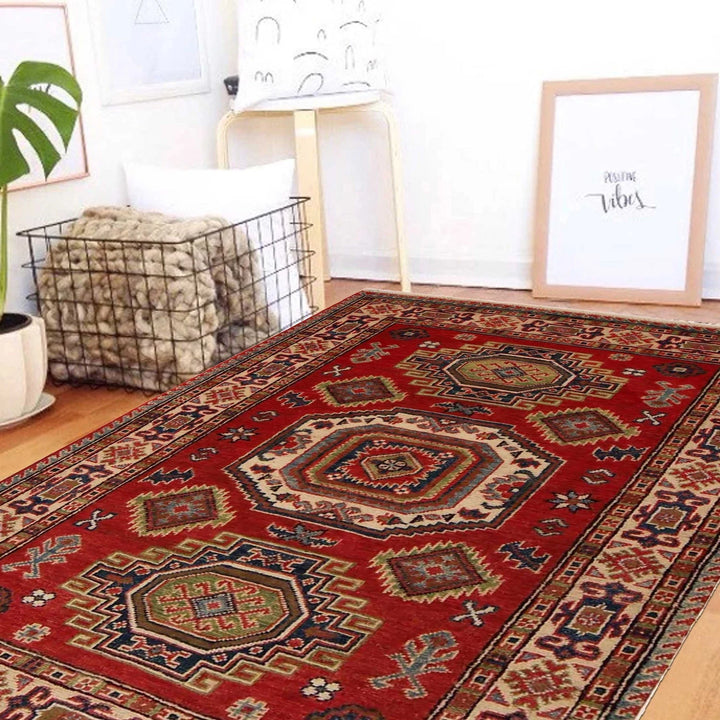 Red Afghan Kazak Rug 3' 3" x 4' 8" Hand-Knotted | No. AL28799