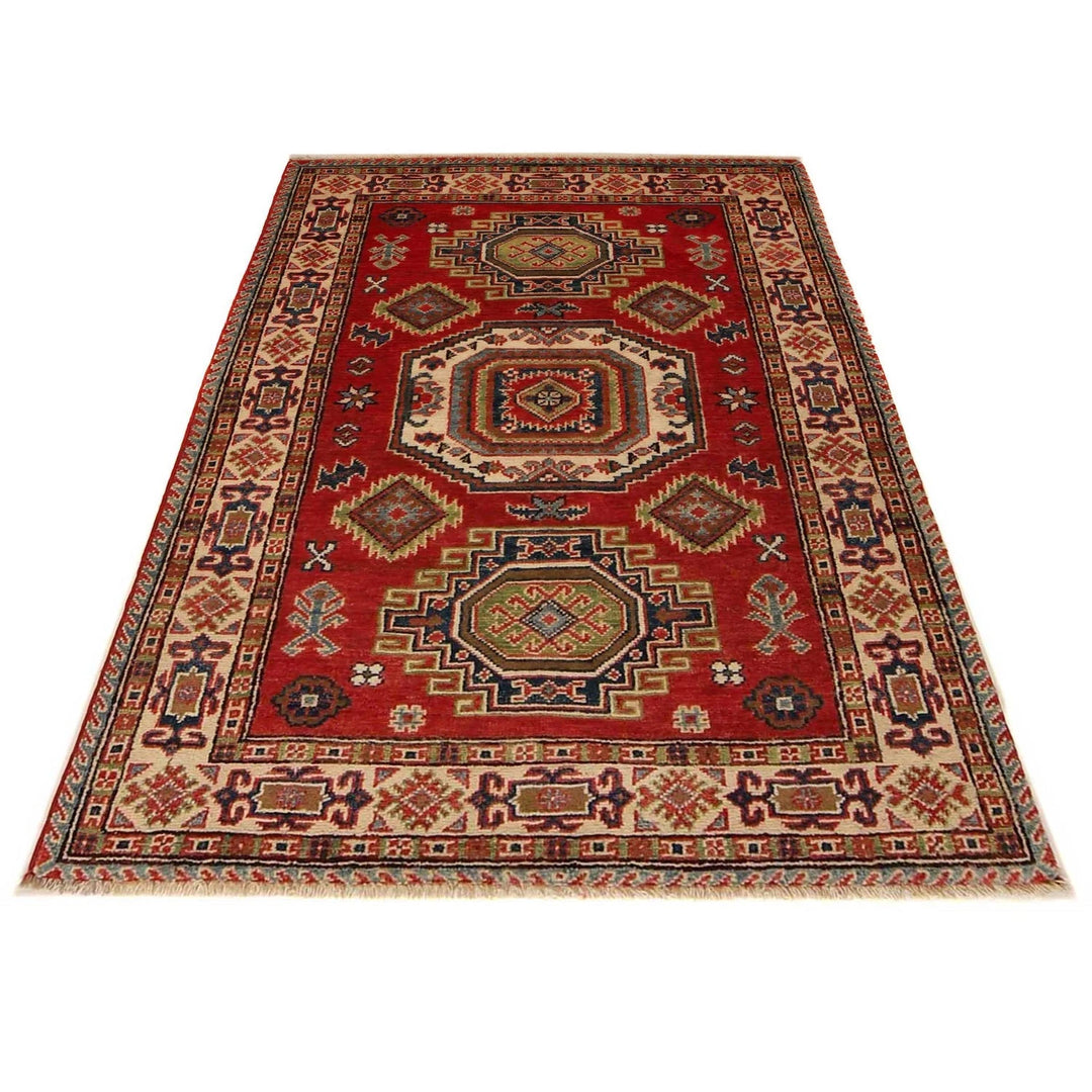 Red Afghan Kazak Rug 3' 3" x 4' 8" Hand-Knotted | No. AL28799