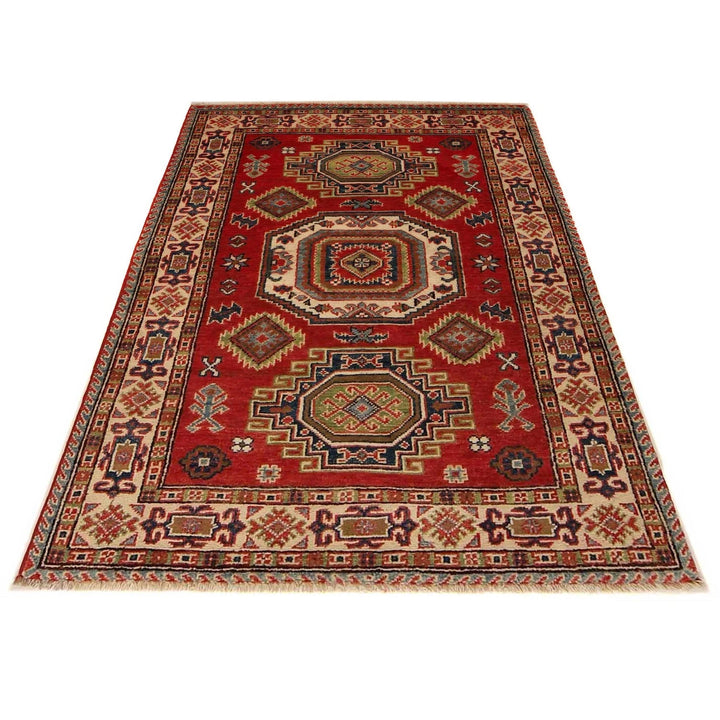 Red Afghan Kazak Rug 3' 3" x 4' 8" Hand-Knotted | No. AL28799