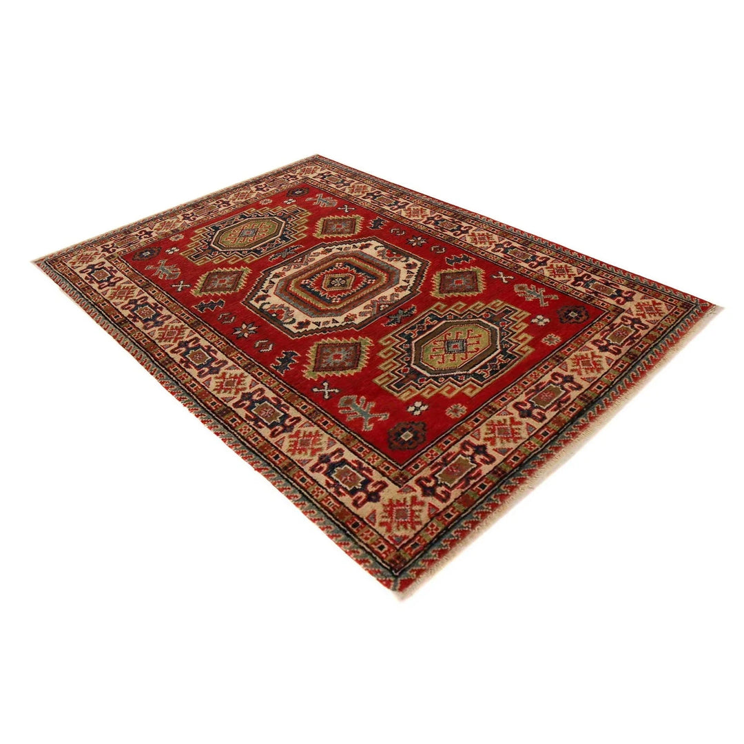 Red Afghan Kazak Rug 3' 3" x 4' 8" Hand-Knotted | No. AL28799