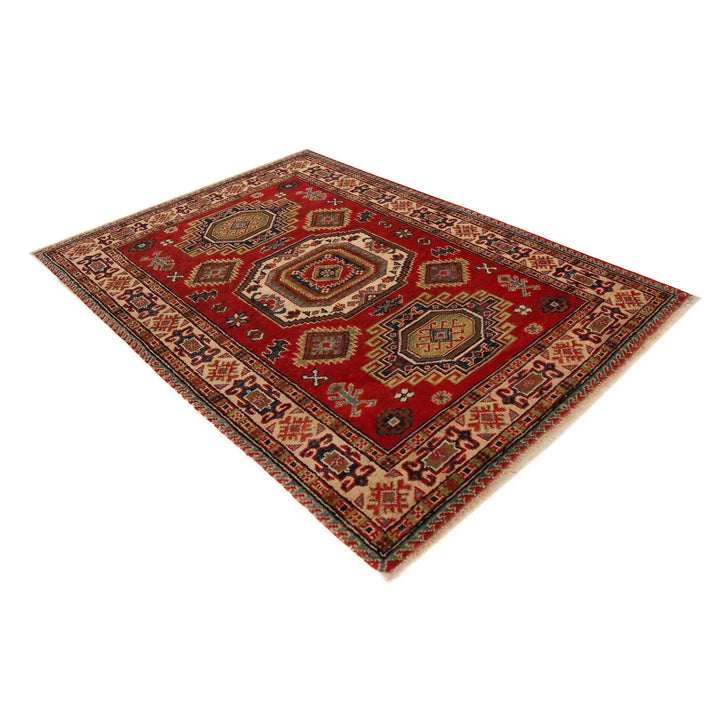 Red Afghan Kazak Rug 3' 3" x 4' 8" Hand-Knotted | No. AL28799