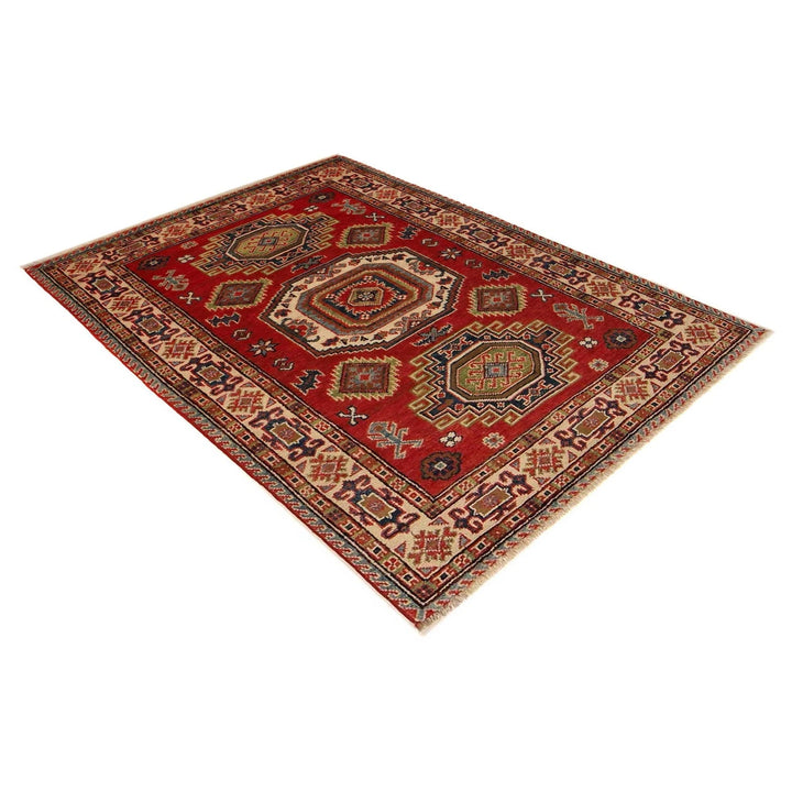 Red Afghan Kazak Rug 3' 3" x 4' 8" Hand-Knotted | No. AL28799