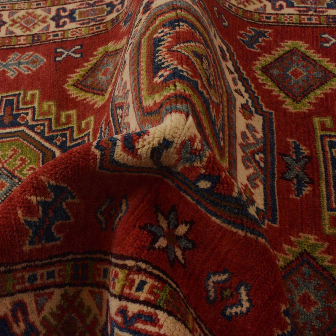 Red Afghan Kazak Rug 3' 3" x 4' 8" Hand-Knotted | No. AL28799