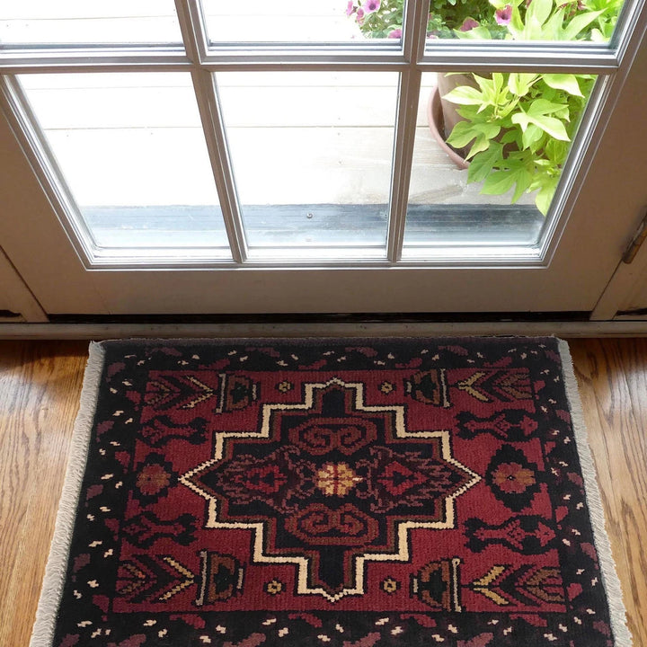 Red Afghan Oriental Doormat 1' 5" x 1' 11" Hand-Knotted | No. AL28939