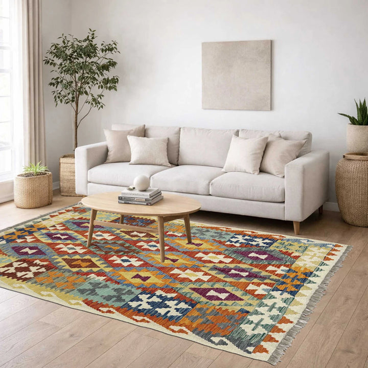 Afghan Vegetable Kilim Rug 5' 0" x 6' 4" Flat-Weave | No. AL290156