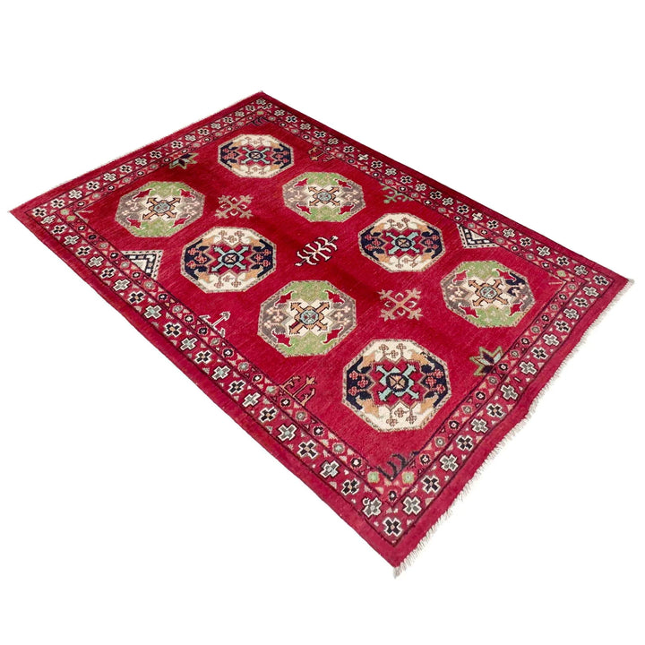 Red Afghan Waziri Rug 3' 1" x 4' 9" Hand-Knotted | No. AL29031