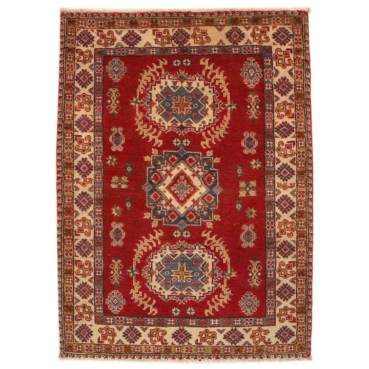 Red Afghan Kazak Rug 3' 3" x 4' 6" Hand-Knotted | No. AL29193