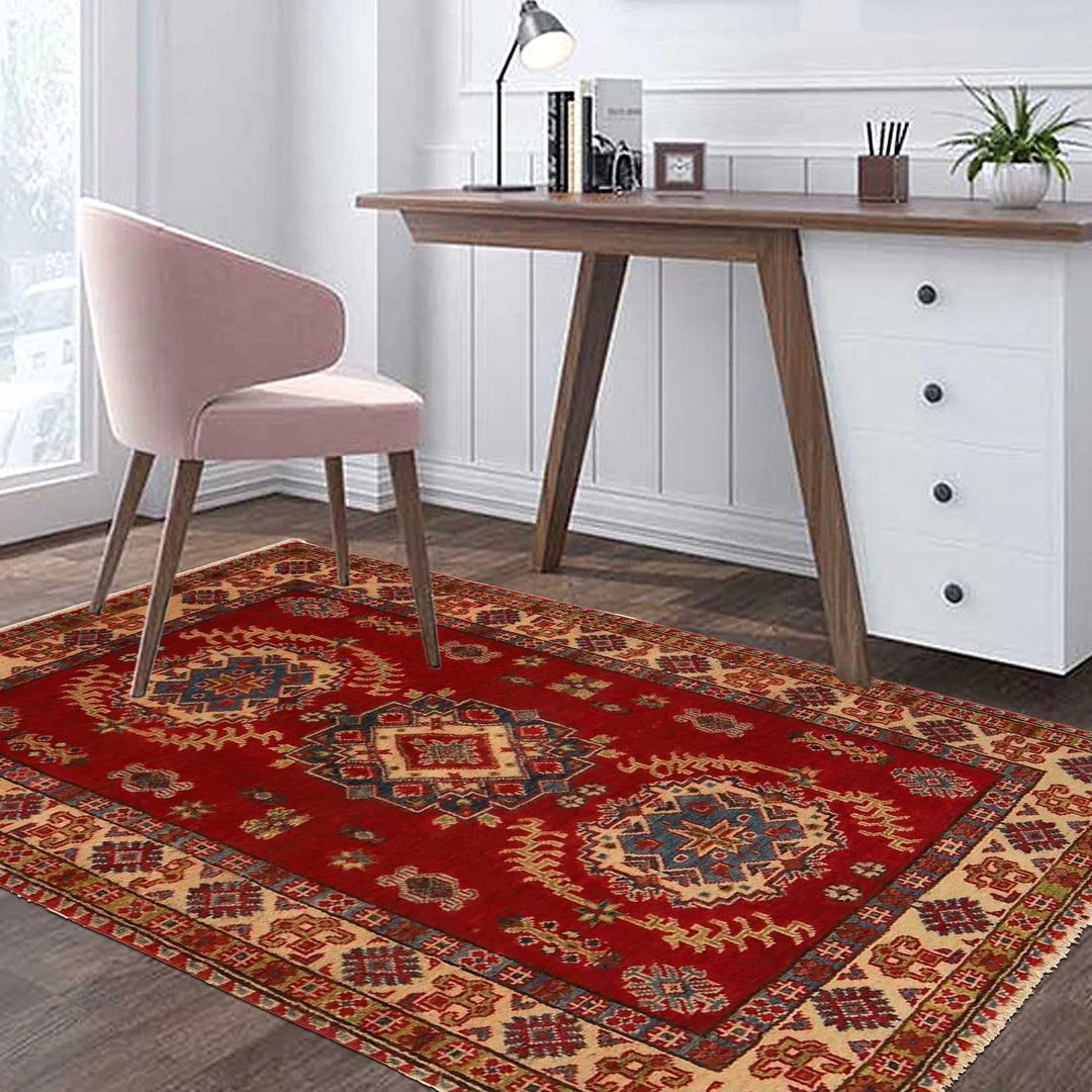 Red Afghan Kazak Rug 3' 3" x 4' 6" Hand-Knotted | No. AL29193