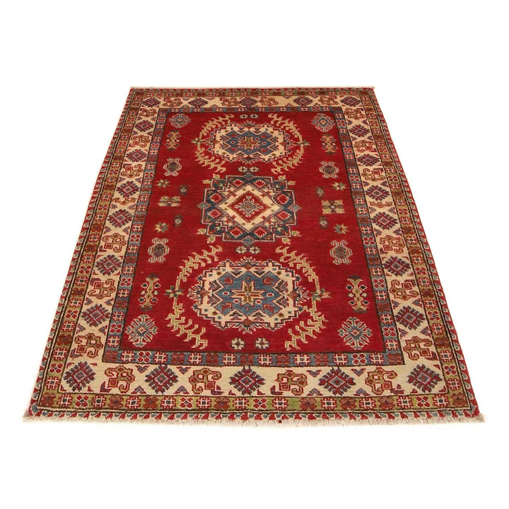 Red Afghan Kazak Rug 3' 3" x 4' 6" Hand-Knotted | No. AL29193