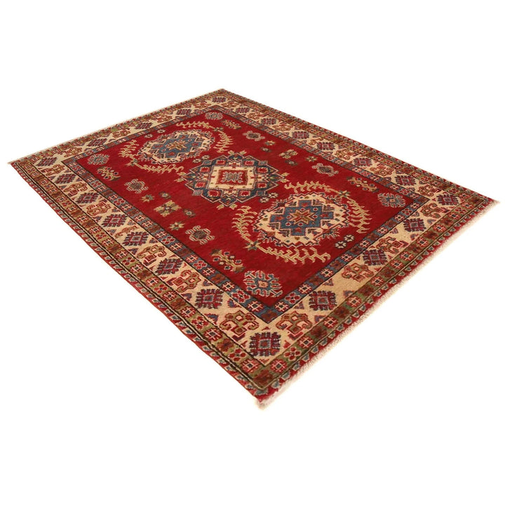 Red Afghan Kazak Rug 3' 3" x 4' 6" Hand-Knotted | No. AL29193