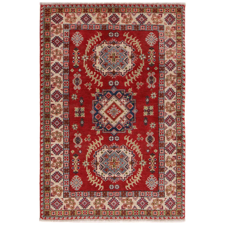 Red Afghan Kazak Rug 3' 2" x 4' 11" Hand-Knotted | No. AL29194