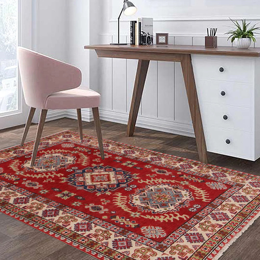 Red Afghan Kazak Rug 3' 2" x 4' 11" Hand-Knotted | No. AL29194