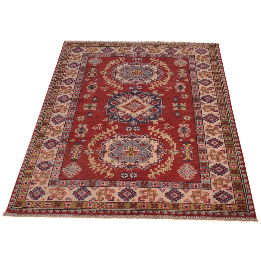 Red Afghan Kazak Rug 3' 2" x 4' 11" Hand-Knotted | No. AL29194