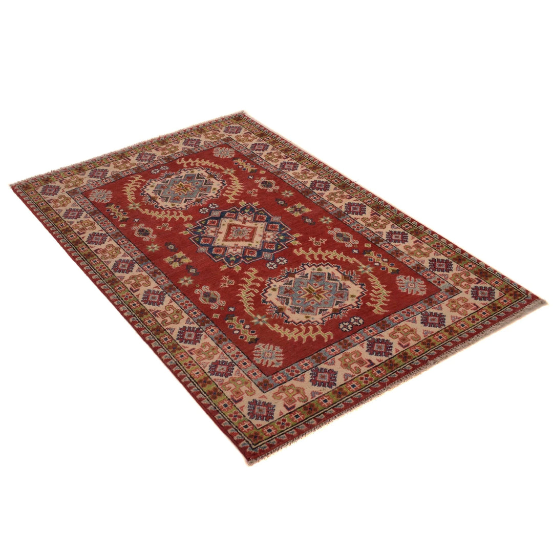 Red Afghan Kazak Rug 3' 2" x 4' 11" Hand-Knotted | No. AL29194