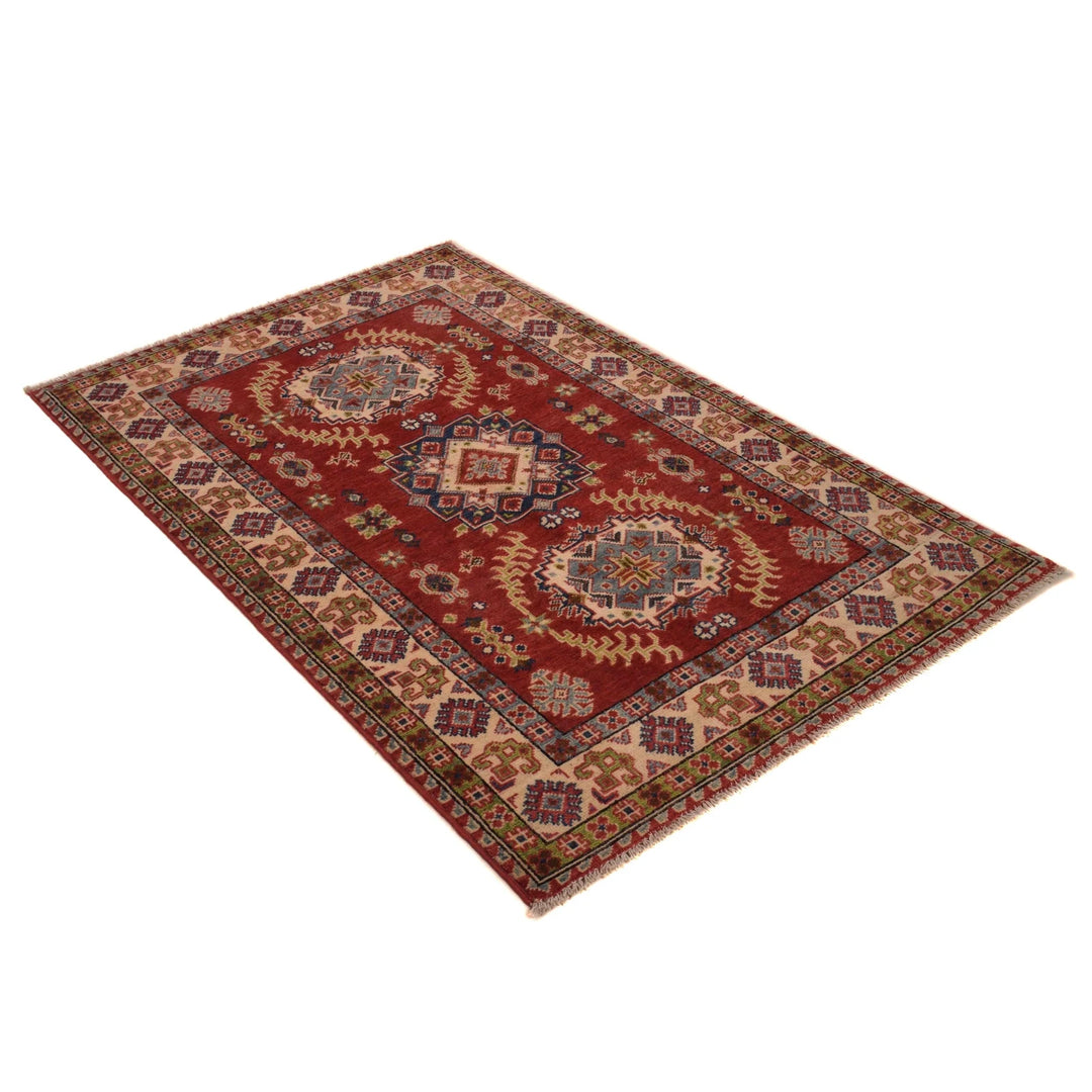 Red Afghan Kazak Rug 3' 2" x 4' 11" Hand-Knotted | No. AL29194