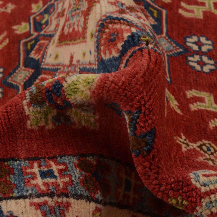 Red Afghan Kazak Rug 3' 2" x 4' 11" Hand-Knotted | No. AL29194