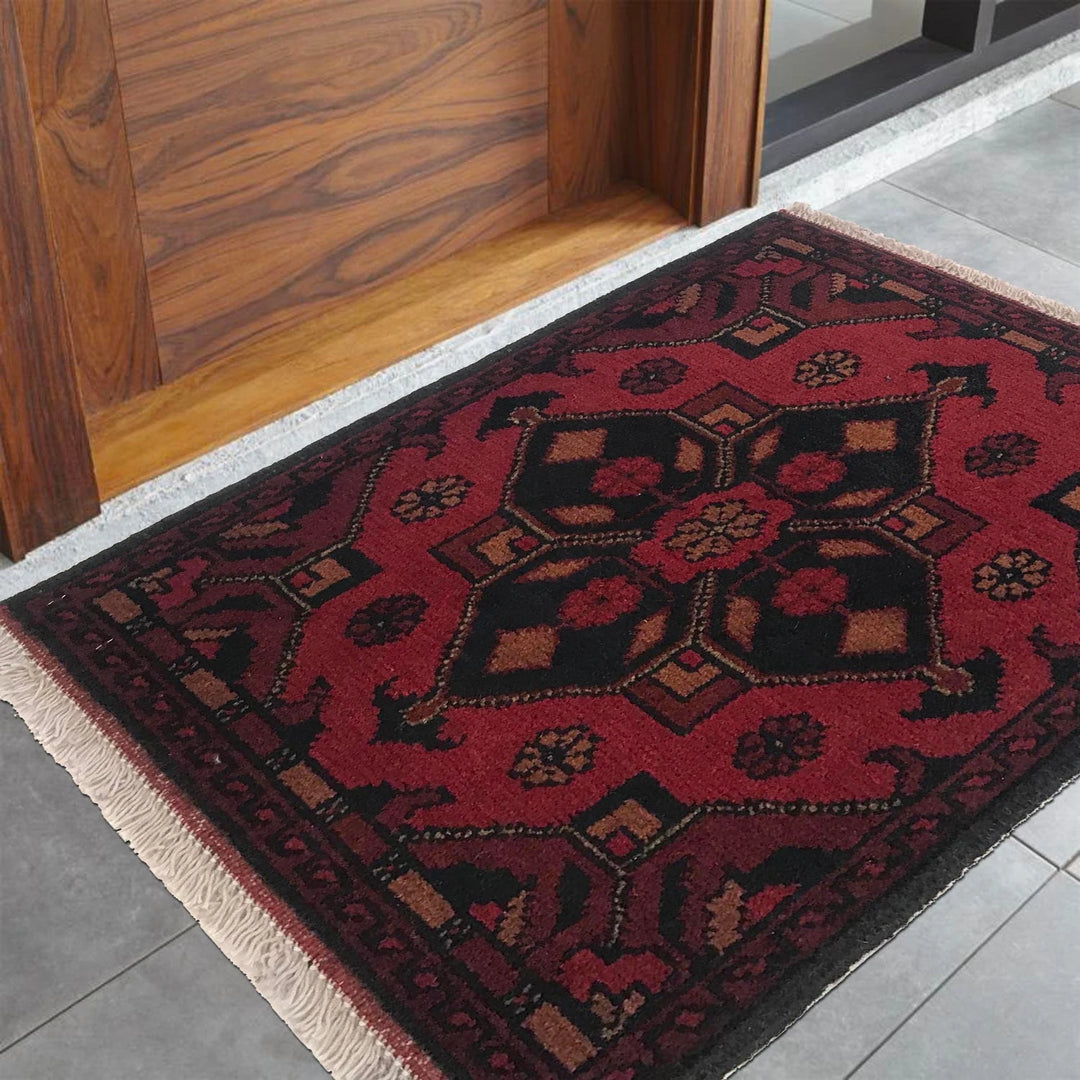 Red Afghan Oriental Doormat 1' 5" x 1' 11" Hand-Knotted | No. AL29305