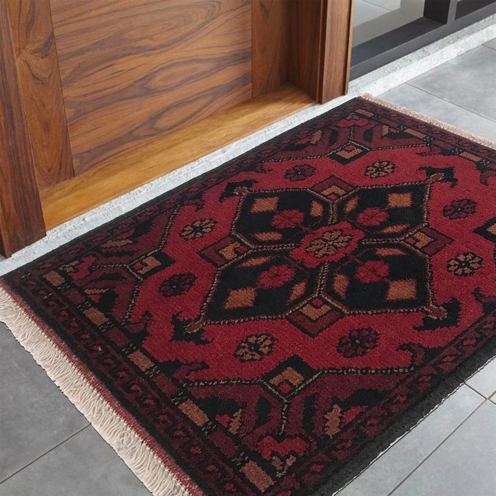 Red Afghan Oriental Doormat 1' 5" x 1' 11" Hand-Knotted | No. AL29305