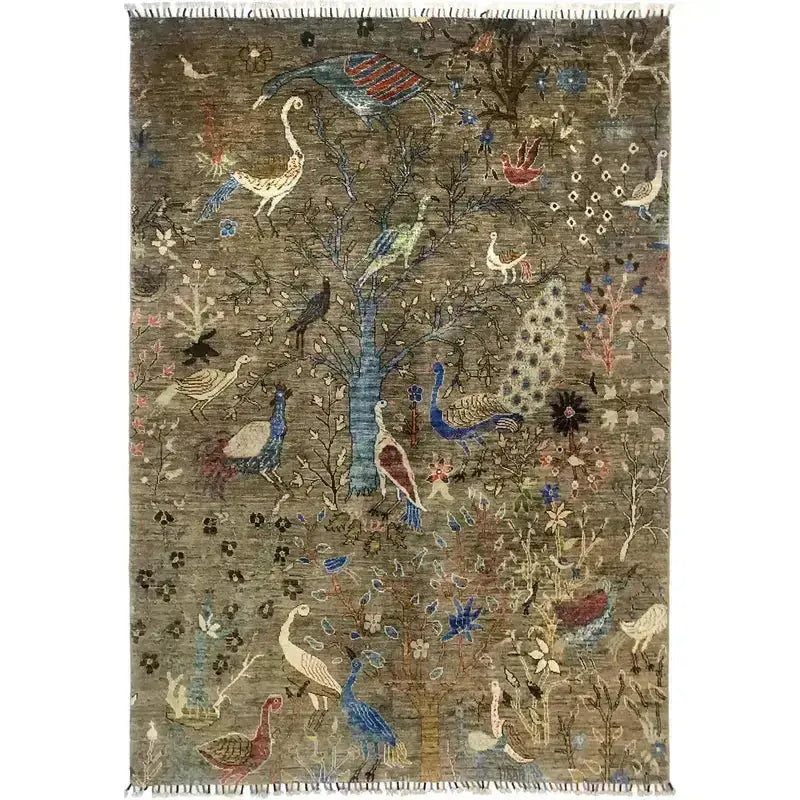 Green Afghan Shikargah Rug 5'9" x 7'9" Hand-Knotted | No. AL29532