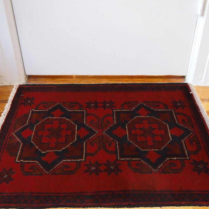 Red Afghan Oriental Doormat 1' 5" x 2' 0" Hand-Knotted | No. AL29678
