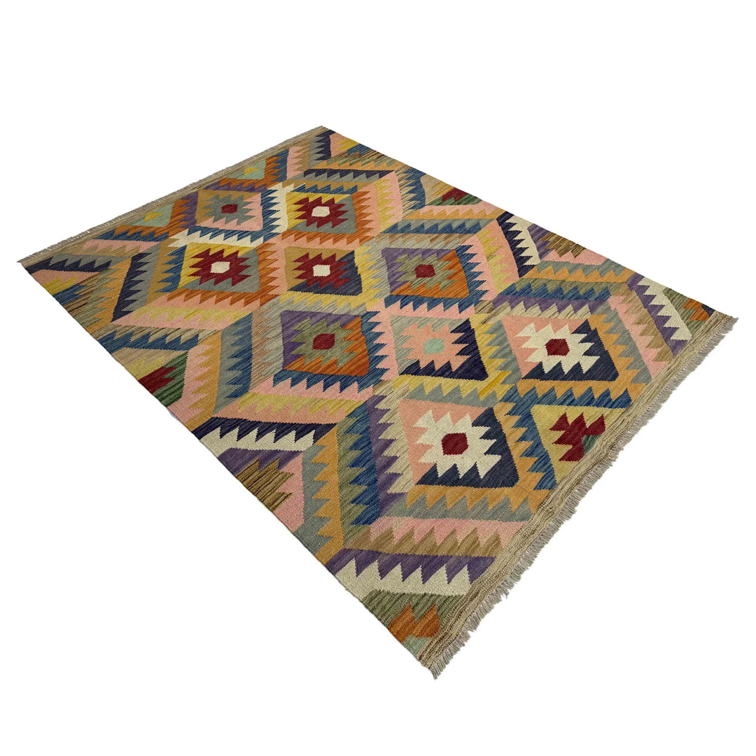 Afghan Vegetable Kilim Rug 4' 3" x 5' 11" Flat-Weave | No. AL297425