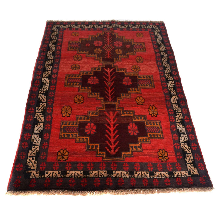 Red Afghan Baluchi Rug 3' 9" x 6' 3" Hand-Knotted | No. AL29744