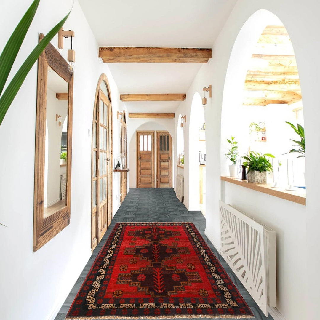 Red Afghan Baluchi Rug 3' 9" x 6' 3" Hand-Knotted | No. AL29744