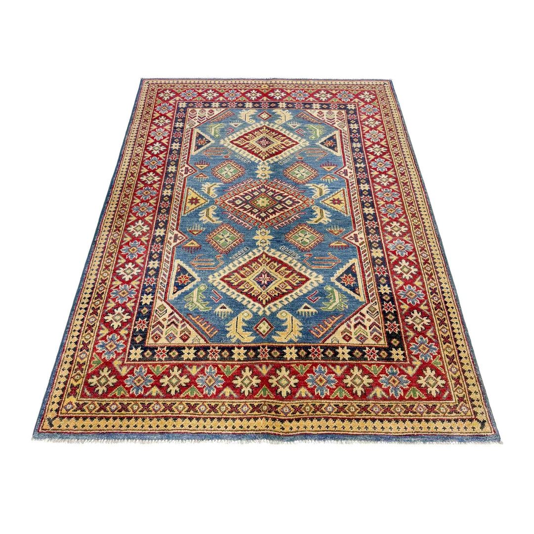 Blue Afghan Kazak Rug 4' 2" x 5' 11" Hand-Knotted | No. AL29767