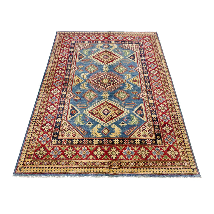 Blue Afghan Kazak Rug 4' 2" x 5' 11" Hand-Knotted | No. AL29767