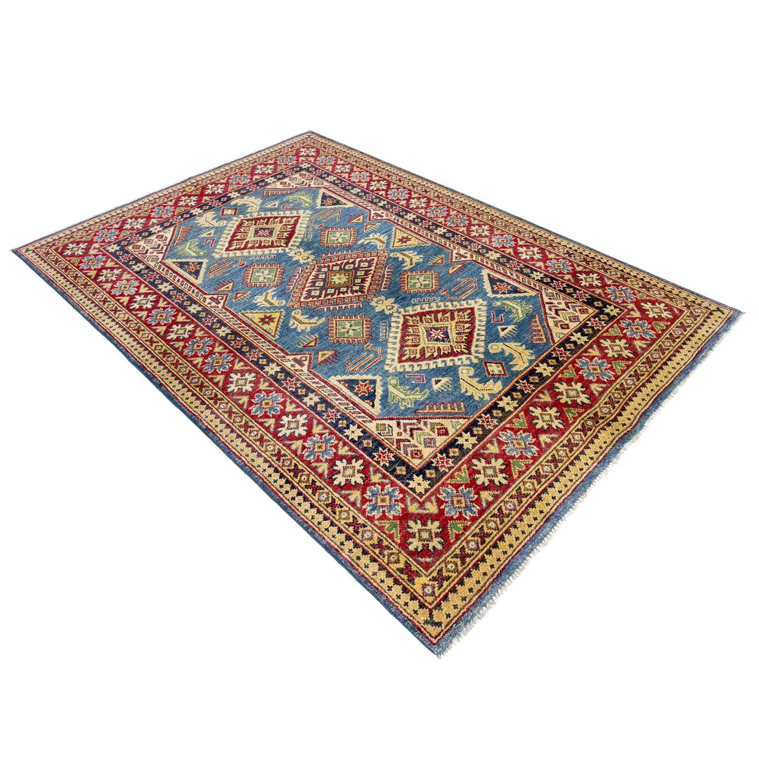 Blue Afghan Kazak Rug 4' 2" x 5' 11" Hand-Knotted | No. AL29767