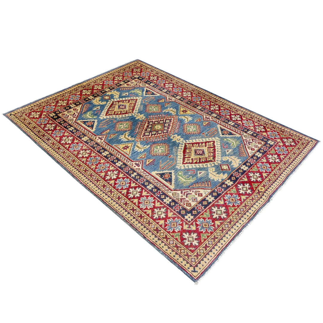 Blue Afghan Kazak Rug 4' 2" x 5' 11" Hand-Knotted | No. AL29767