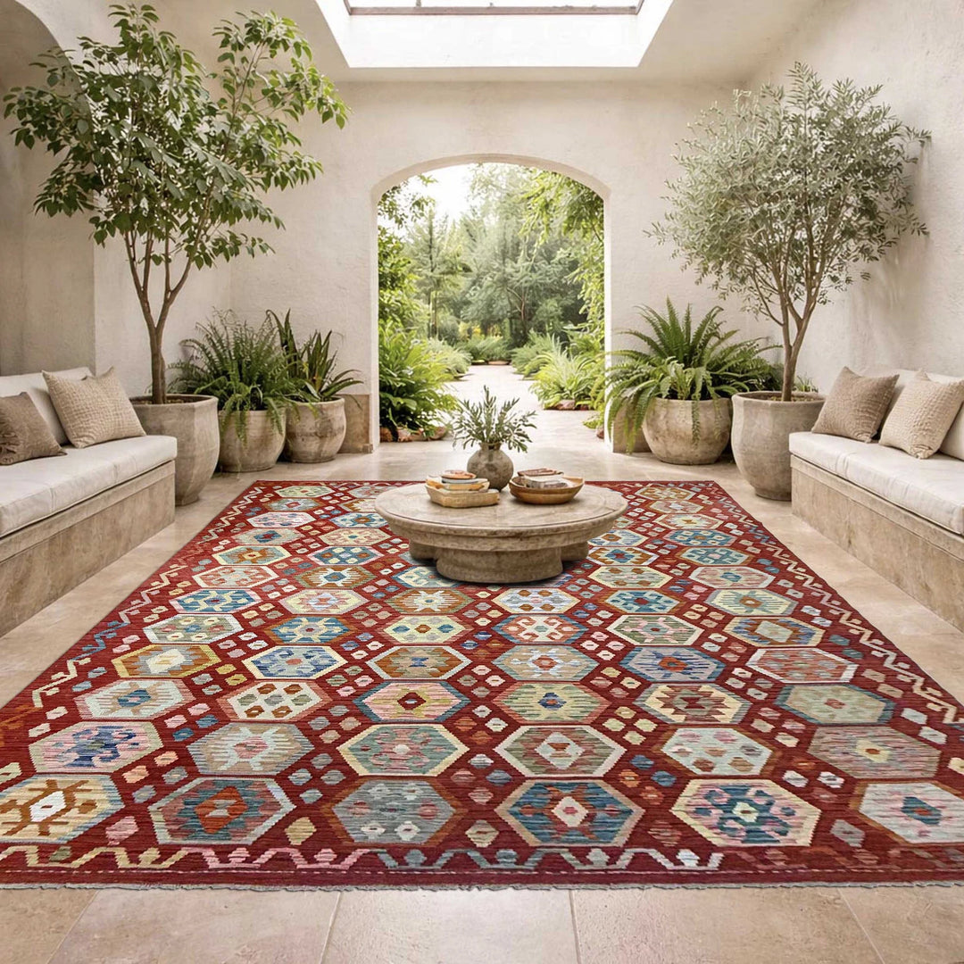 Afghan Vegetable Kilim Rug 8' 2" x 11' 2" Flat-Weave | No. AL298456