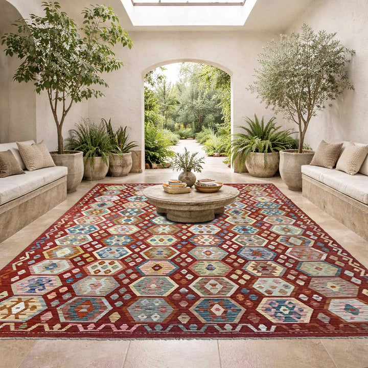 Afghan Vegetable Kilim Rug 8' 2" x 11' 2" Flat-Weave | No. AL298456