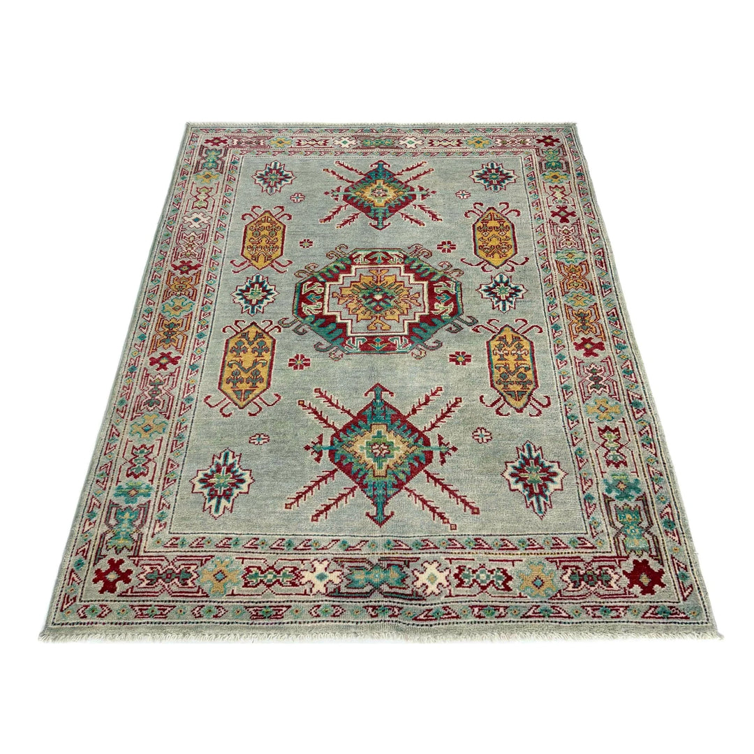 Gray Afghan Kazak Rug 4' 2" x 5' 8" Hand-Knotted | No. AL29913