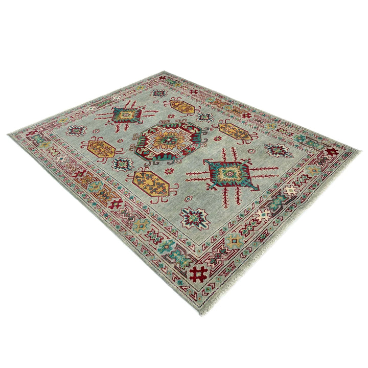 Gray Afghan Kazak Rug 4' 2" x 5' 8" Hand-Knotted | No. AL29913