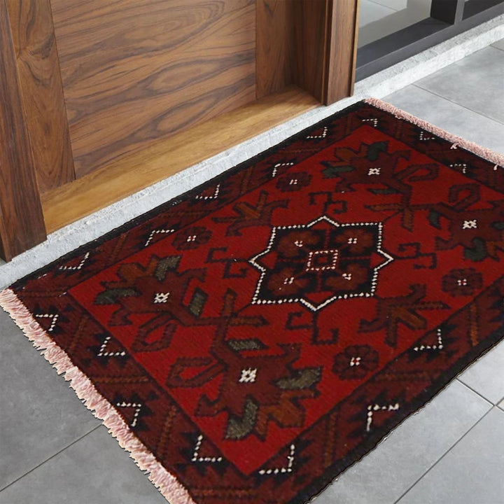 Red Afghan Oriental Doormat 1' 6" x 2' 0" Hand-Knotted | No. AL29941