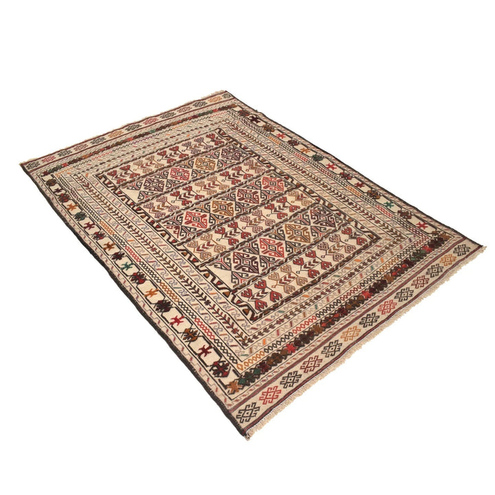White Afghan Soumak Rug 4' 2" x 5' 10" Flat-Weave | No. AL30026