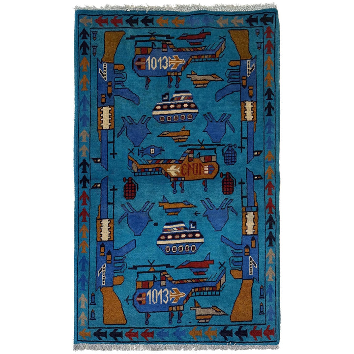 Blue Afghan War Rug 2' 7" x 3' 11" Hand-Knotted | No. AL30226